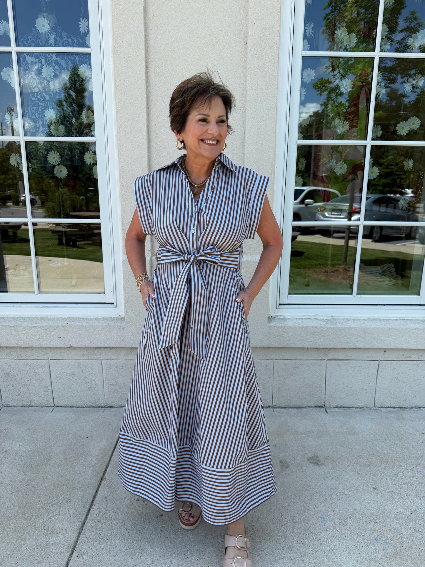 Blue and Brown Striped Midi Dress