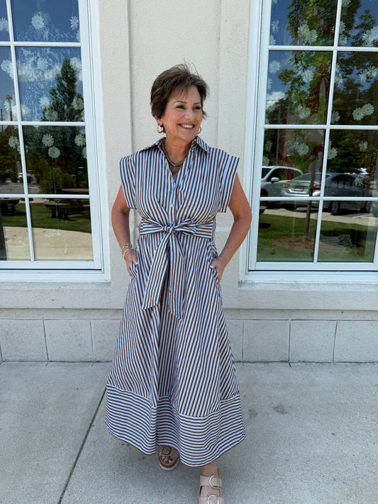 Blue and Brown Striped Midi Dress