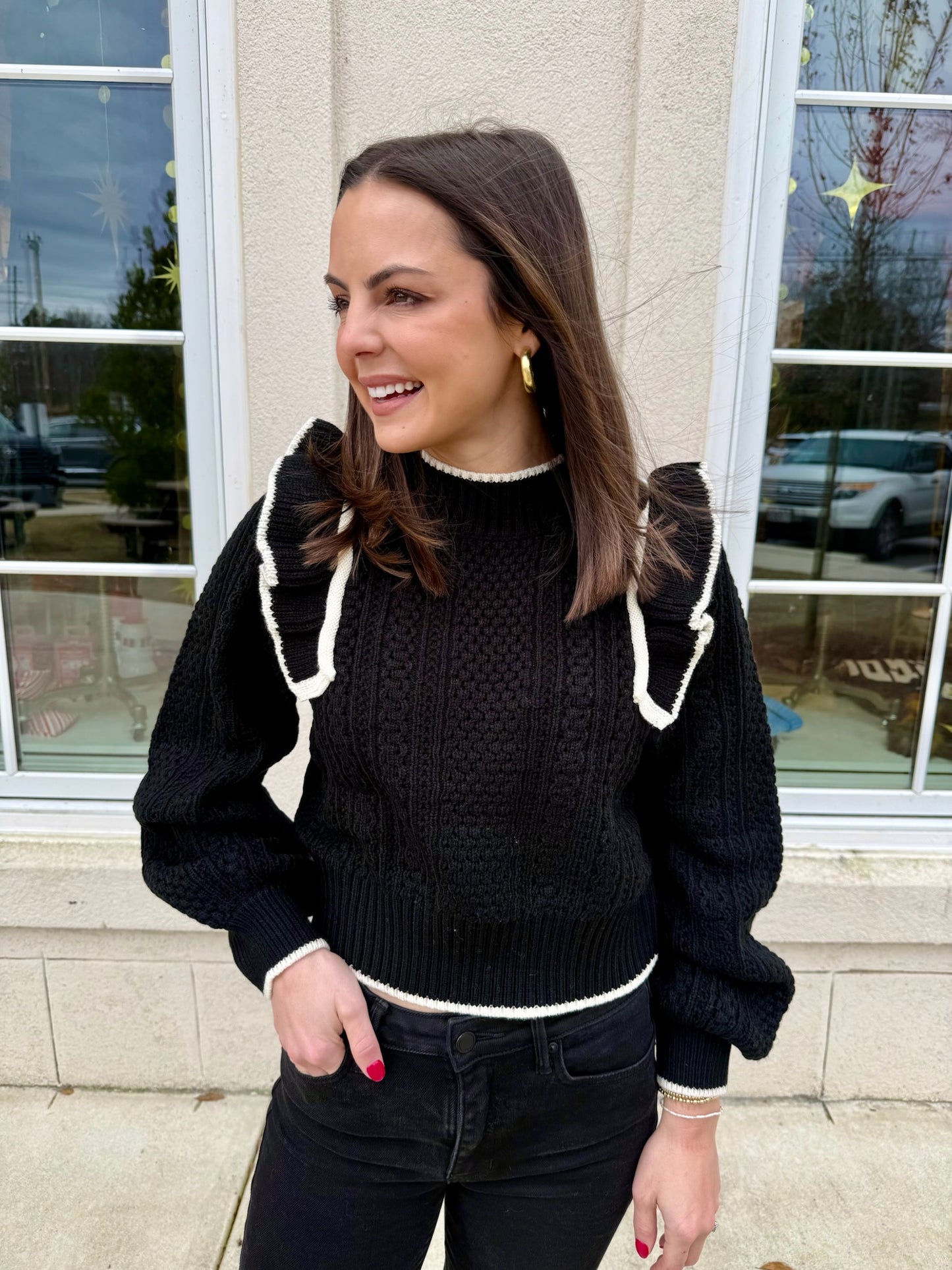 Black Ruffle Shoulder Sweater