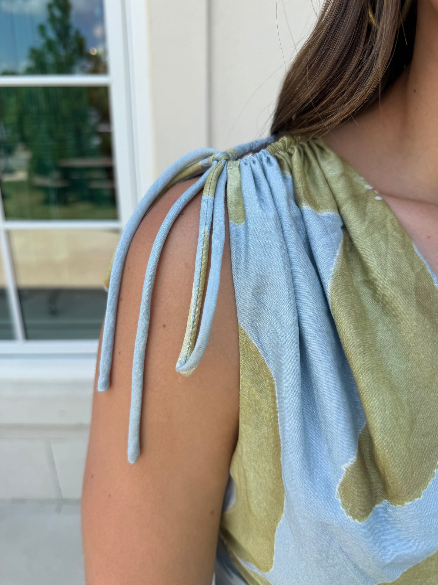 Powder Blue and Light Olive Tropical Floral Midi