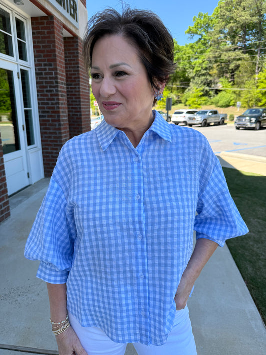 Sky Blue and White Gingham Shirt