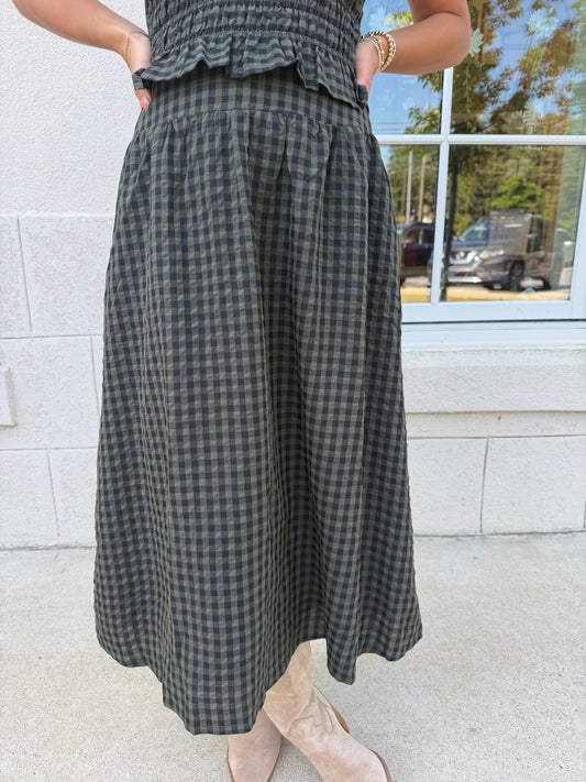 Dark Olive Plaid Print Midi Skirt