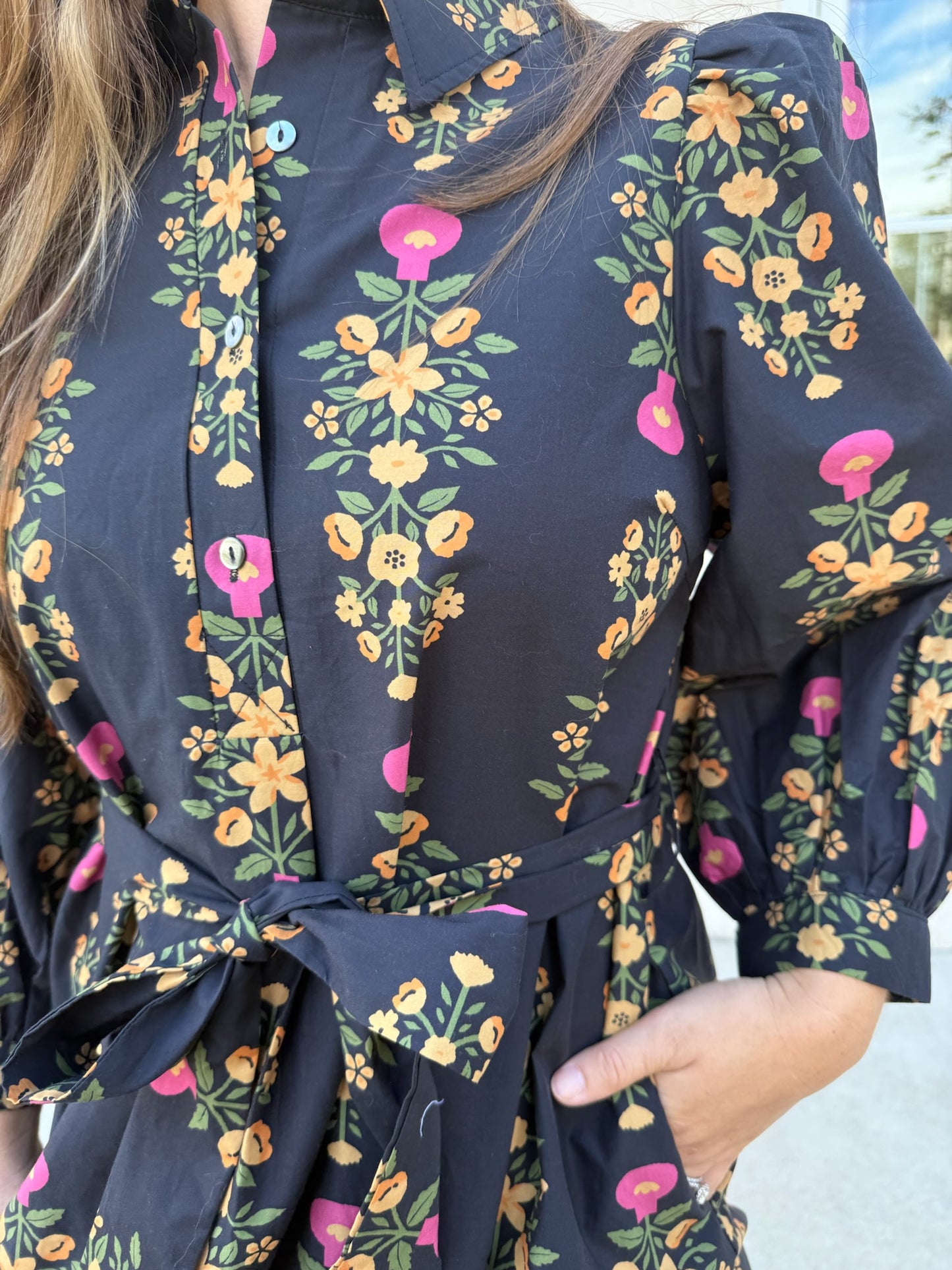 Black Botanical Print Midi Dress