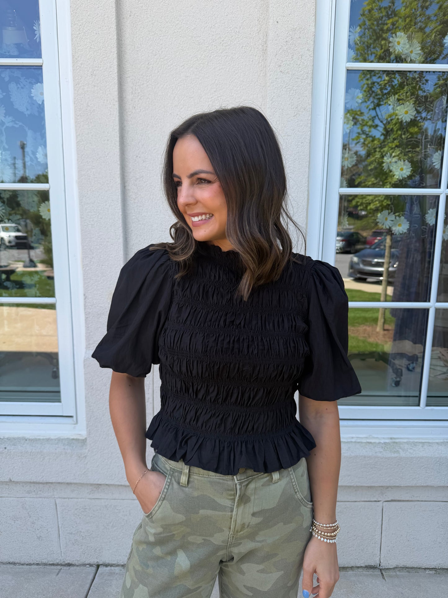 Black Smocked Bodice Top