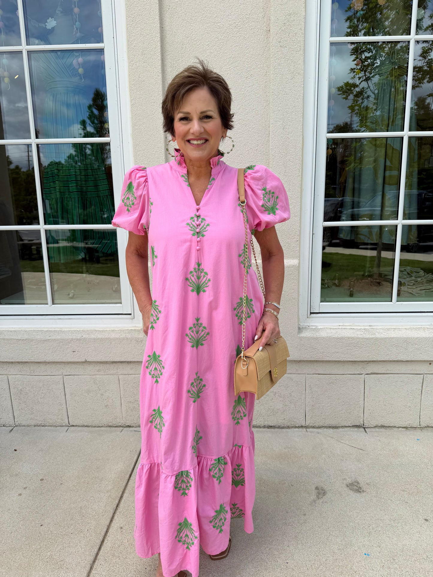 Pink Botanical Embroidered Midi Dress