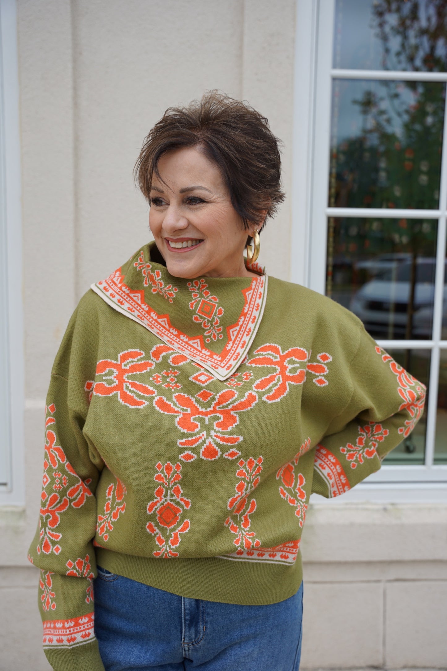 Verdigris and Orange Printed Sweater