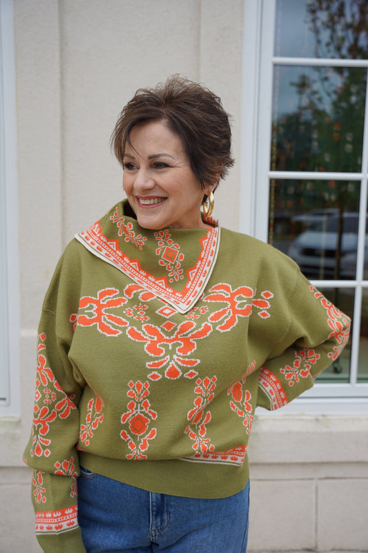 Verdigris and Orange Printed Sweater