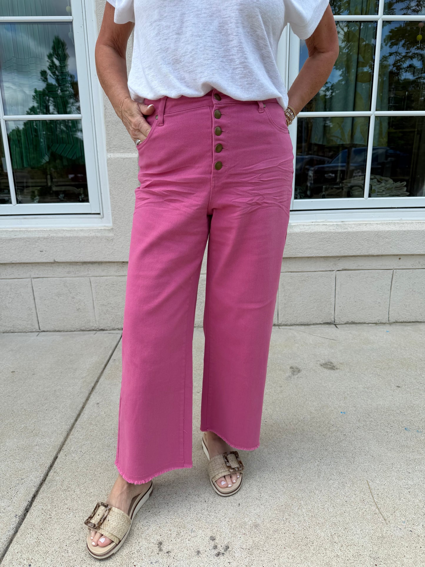 Retro Rose Button Front Stretch Twill Pants