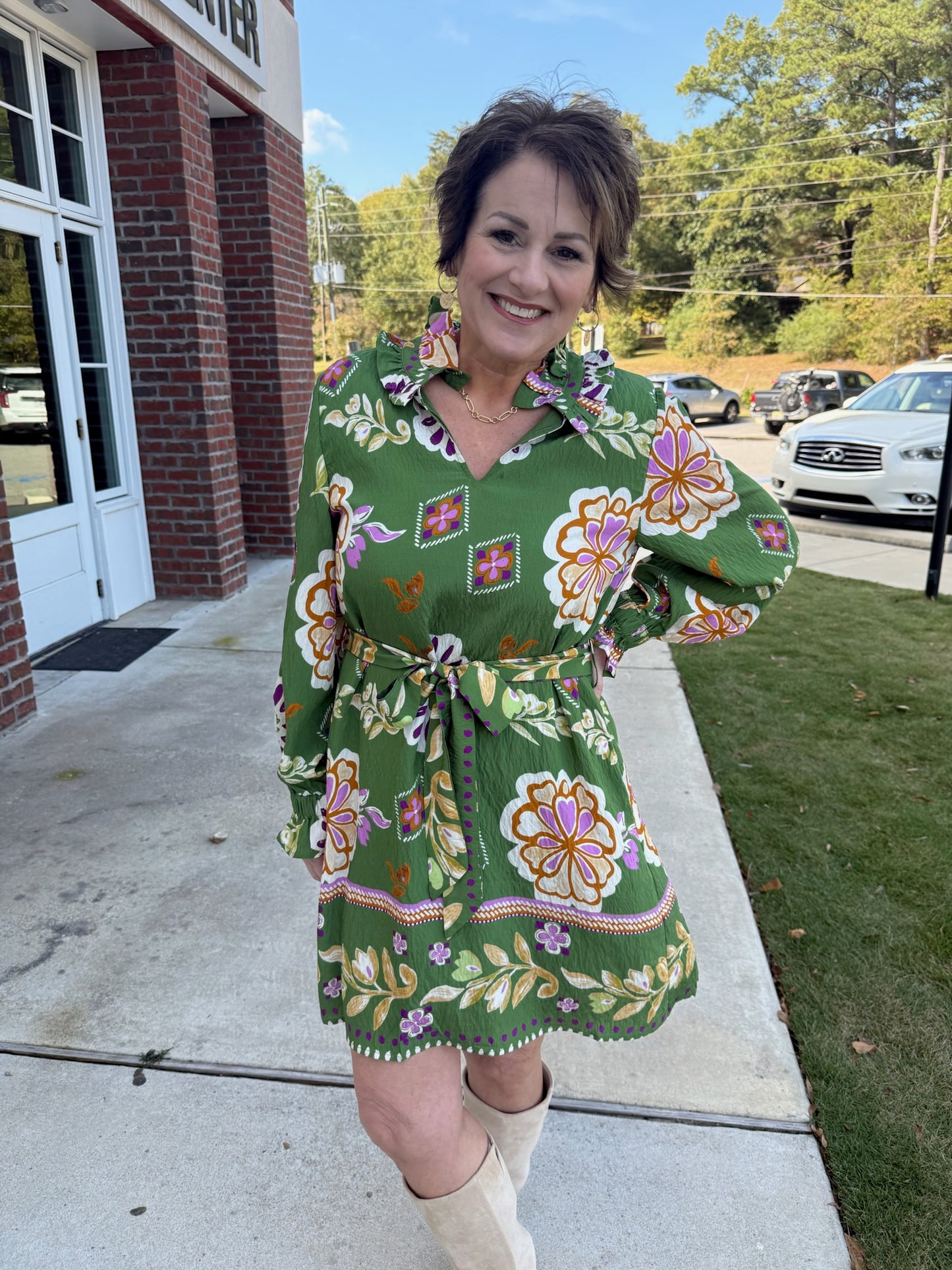 Olive Green Floral  Boho Dress