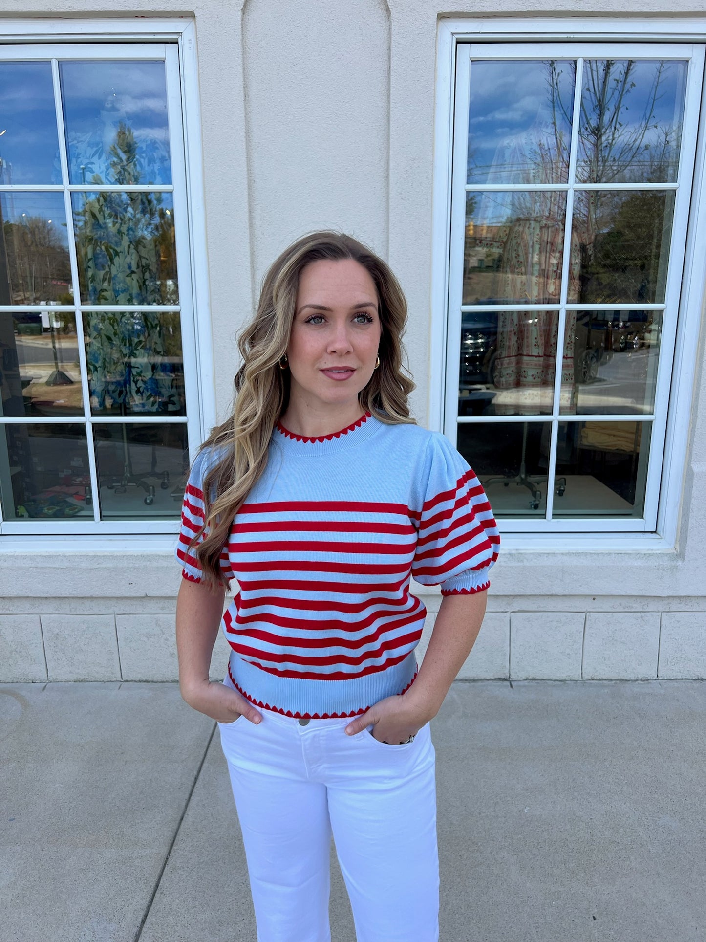 Red and Light Blue Embroidered Stitch Top