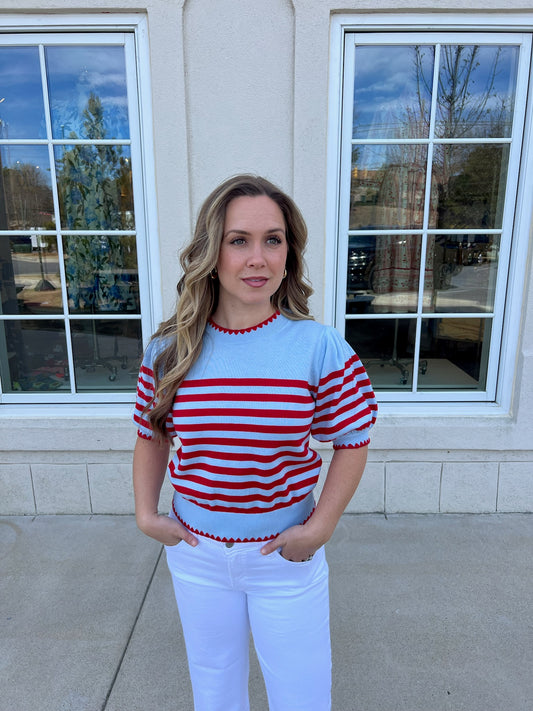 Red and Light Blue Embroidered Stitch Top