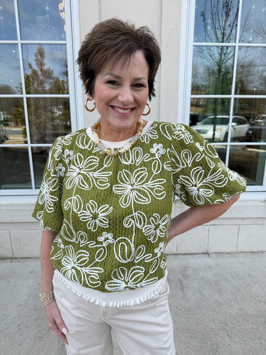 Olive Crochet and Floral Embroidered Top