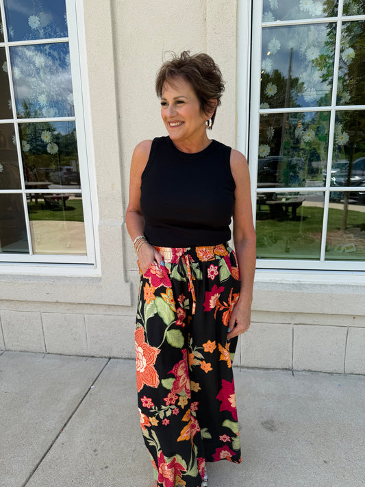 Black Floral Wide Crop Pants