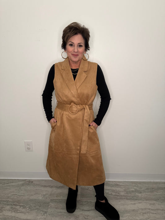 Camel Faux Suede Long Tailored Vest