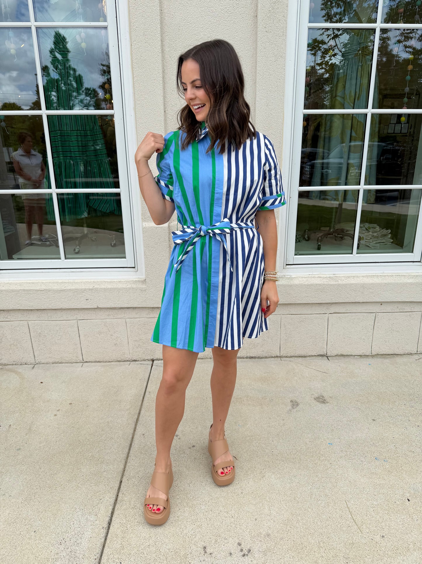Green and Blue Stripe Button Front Dress