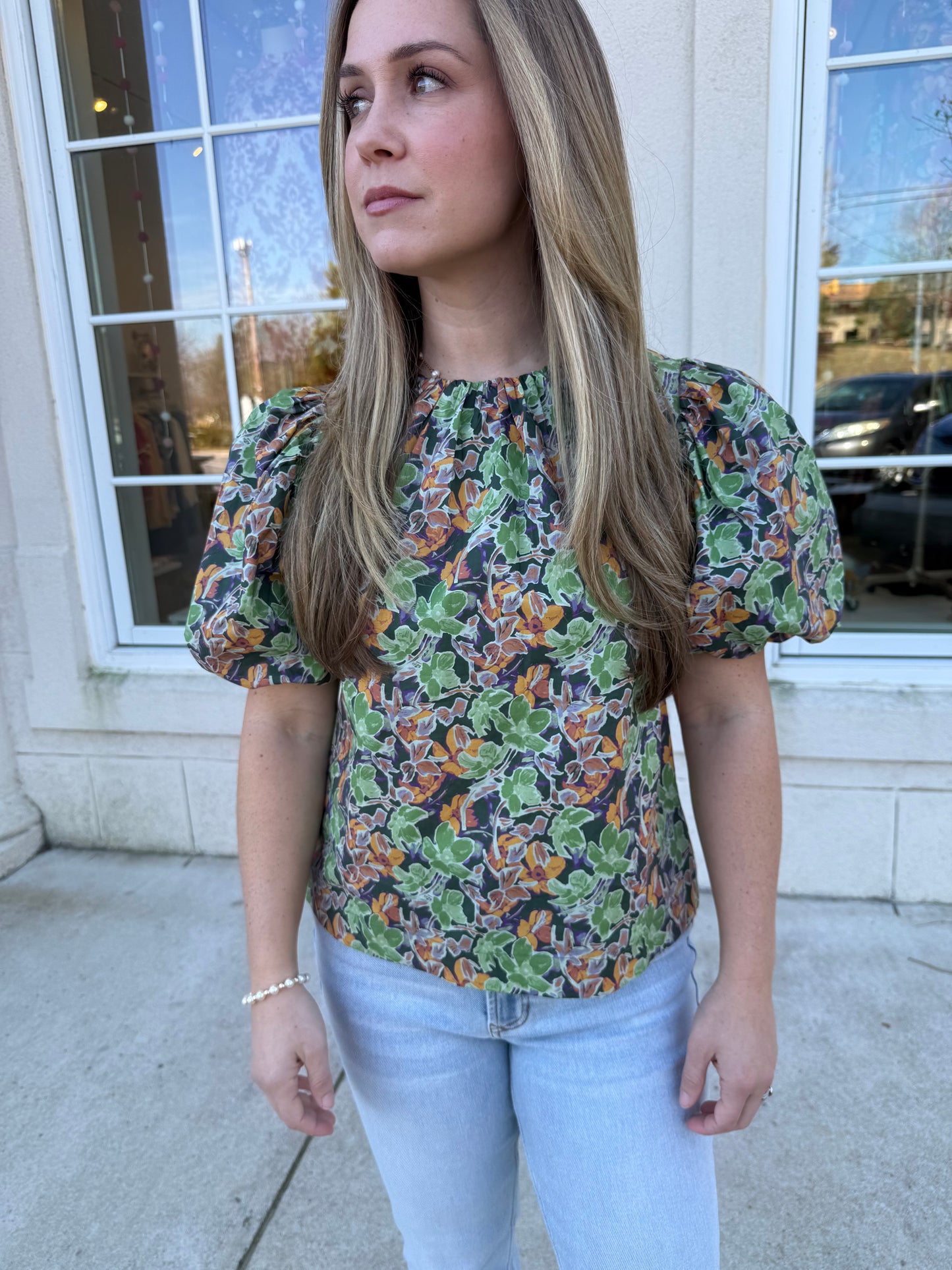 Olive Floral Puff Sleeve Blouse