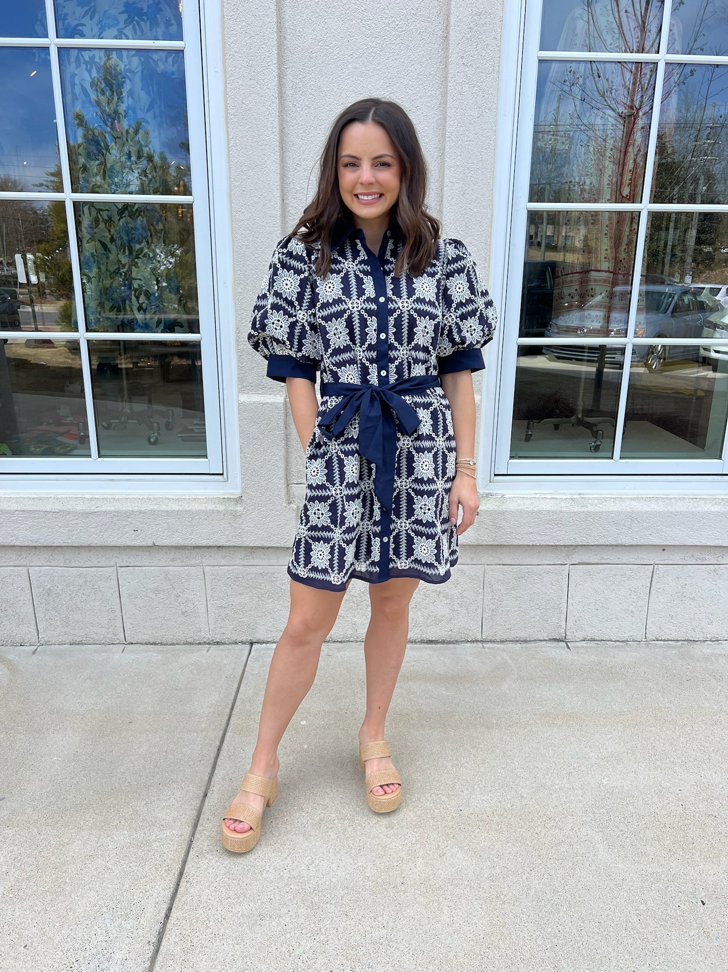 Navy and white eyelet dress