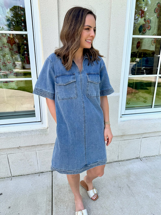Denim Washed Dress with Stitching Detail