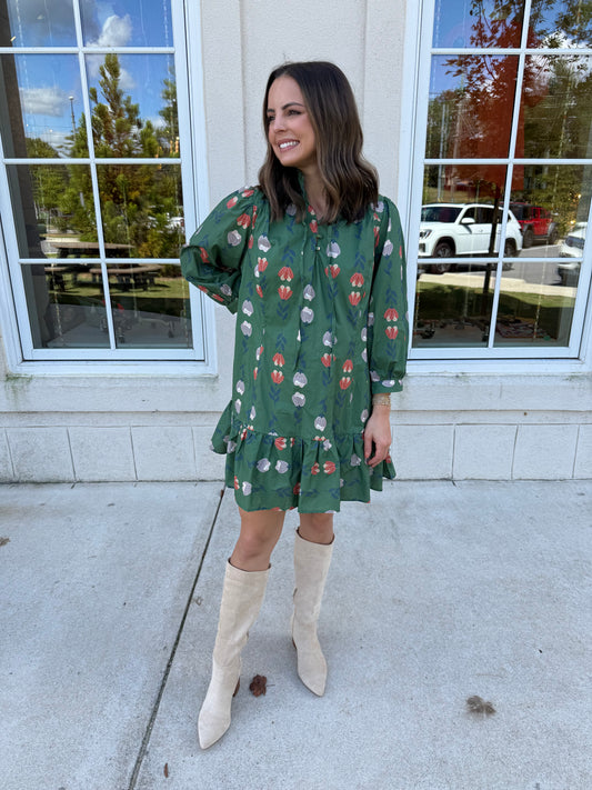 Green Multicolored Floral Print Dress