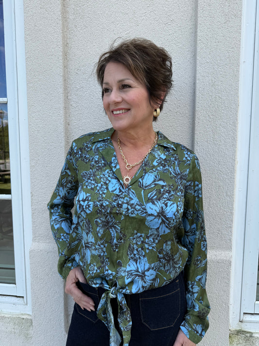 Olive and Sky Blue Satin Blouse