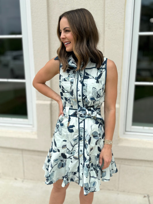 Navy Belted Floral Print Dress