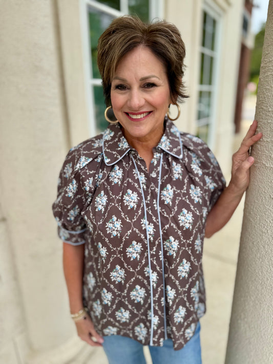 Coffee Pleated Floral top