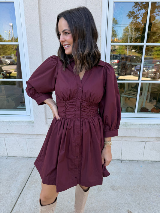 Red Bean Wide Ruched Waist Dress