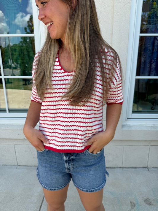 Red V-Neck Polo Knit Top