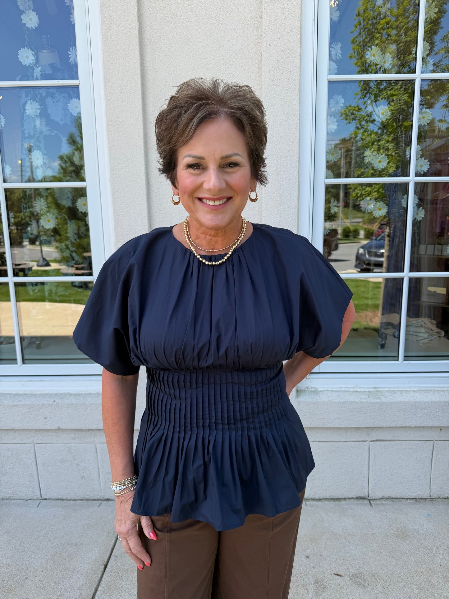 Navy Pleated Peplum Top