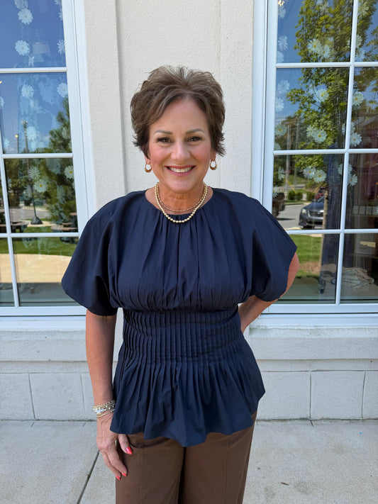 Navy Pleated Peplum Top