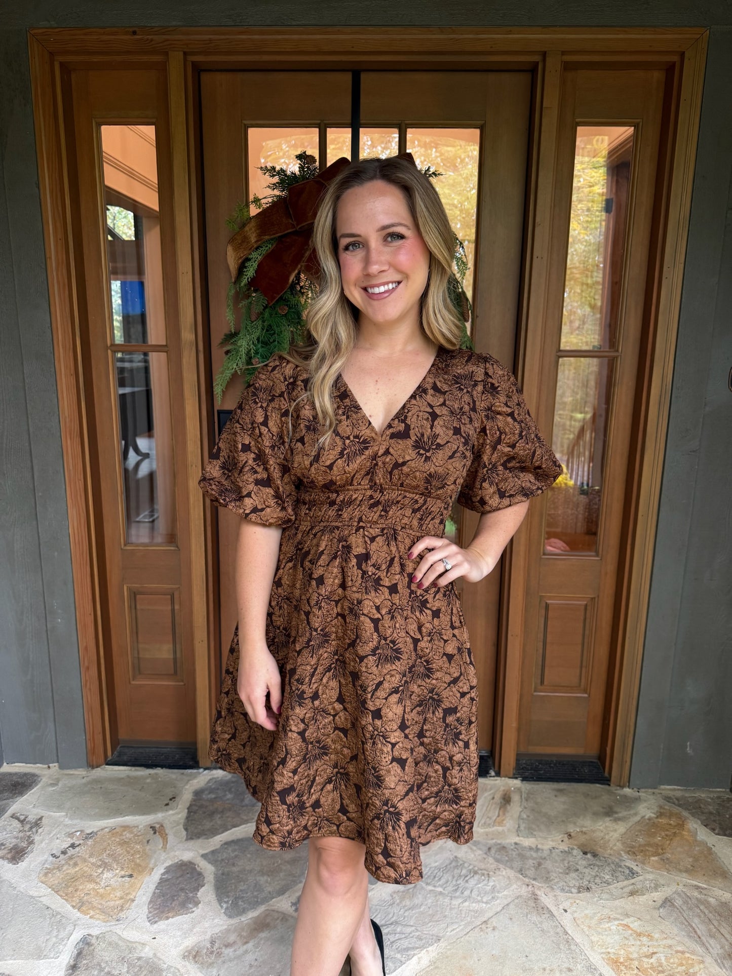 Brown Floral Jacquard Dress