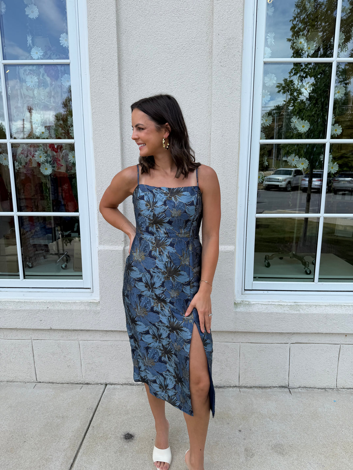 Navy and Gold Jacquard Midi Dress