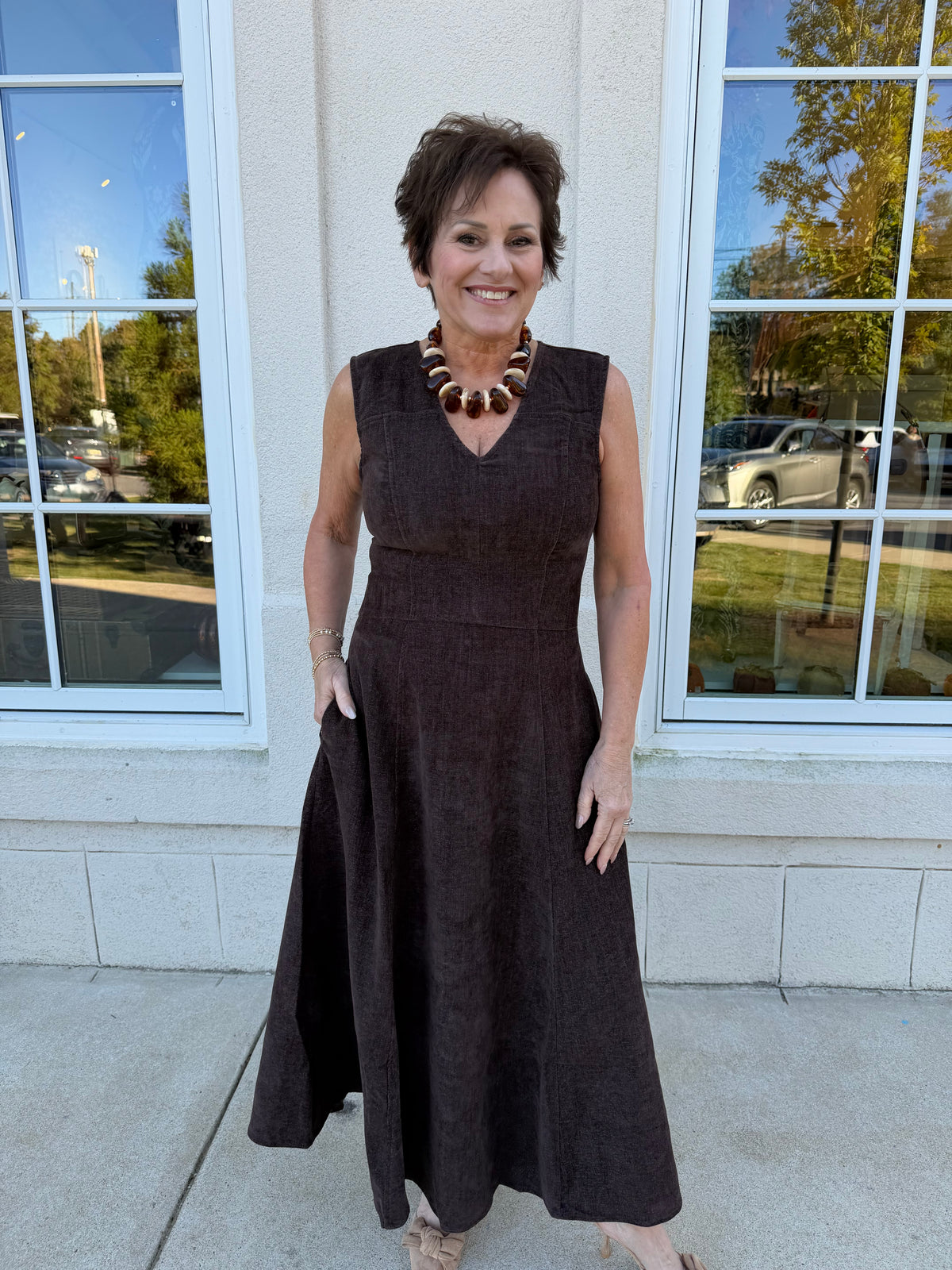 Brown Stretch Suede Midi Dress
