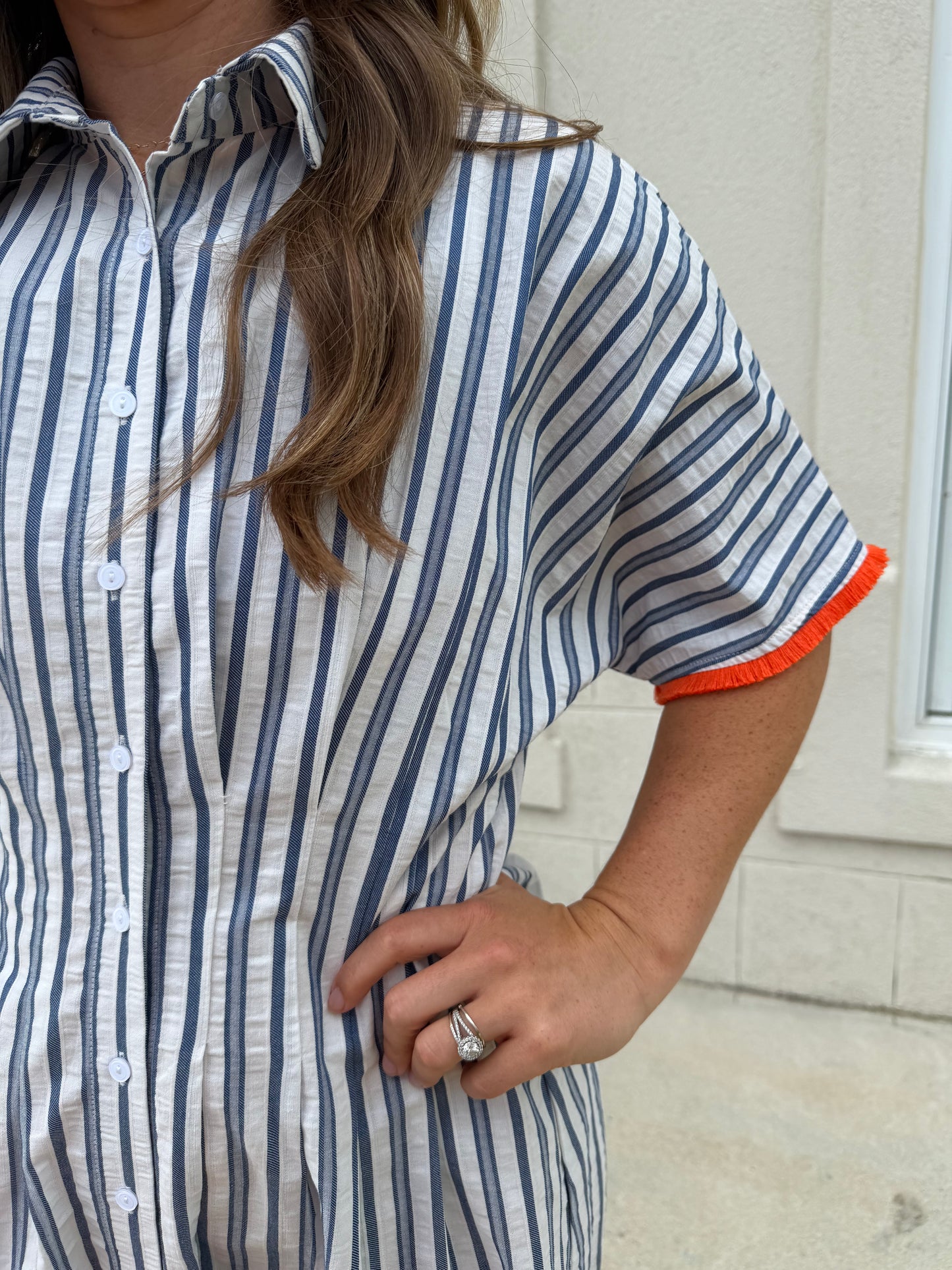 Blue Pleated Waist Mini Flare Shirt Dress