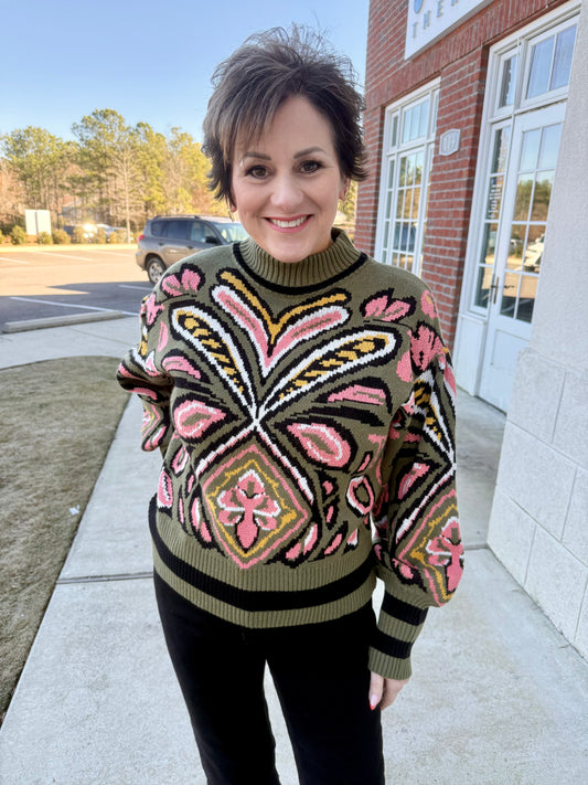 Olive Patterned Striped Sweater