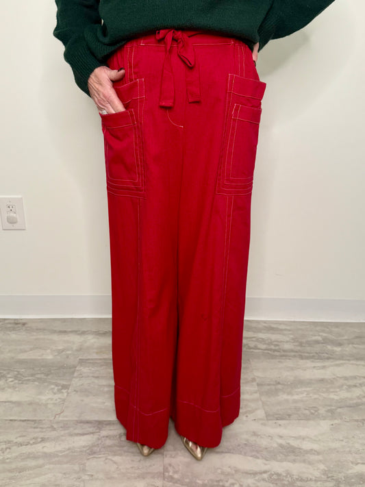 Red Linen Blend Wide Leg Pant