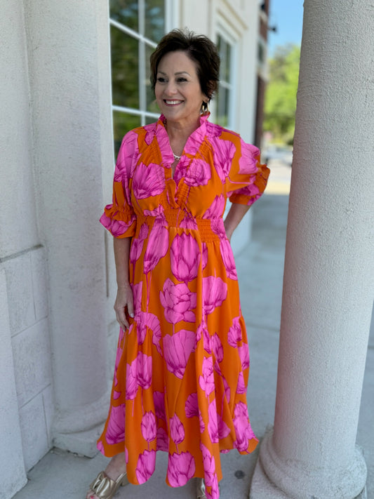 Pink and Orange Smocked Maxi