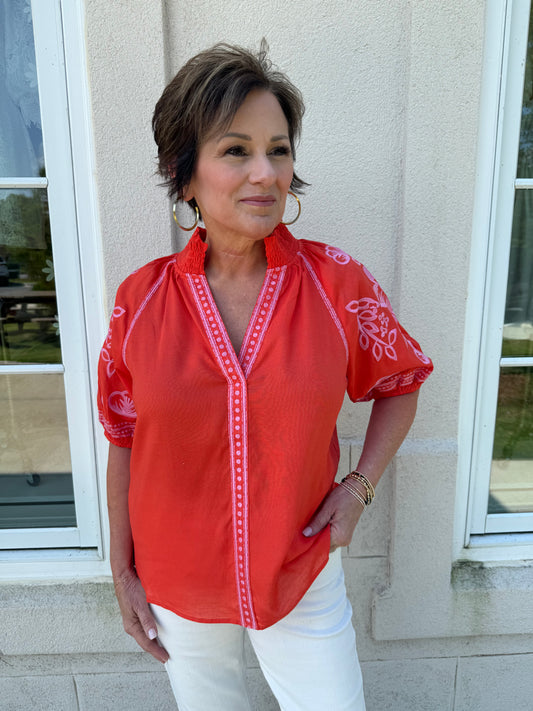 Orange and Pink Embroidered V-Neck Top
