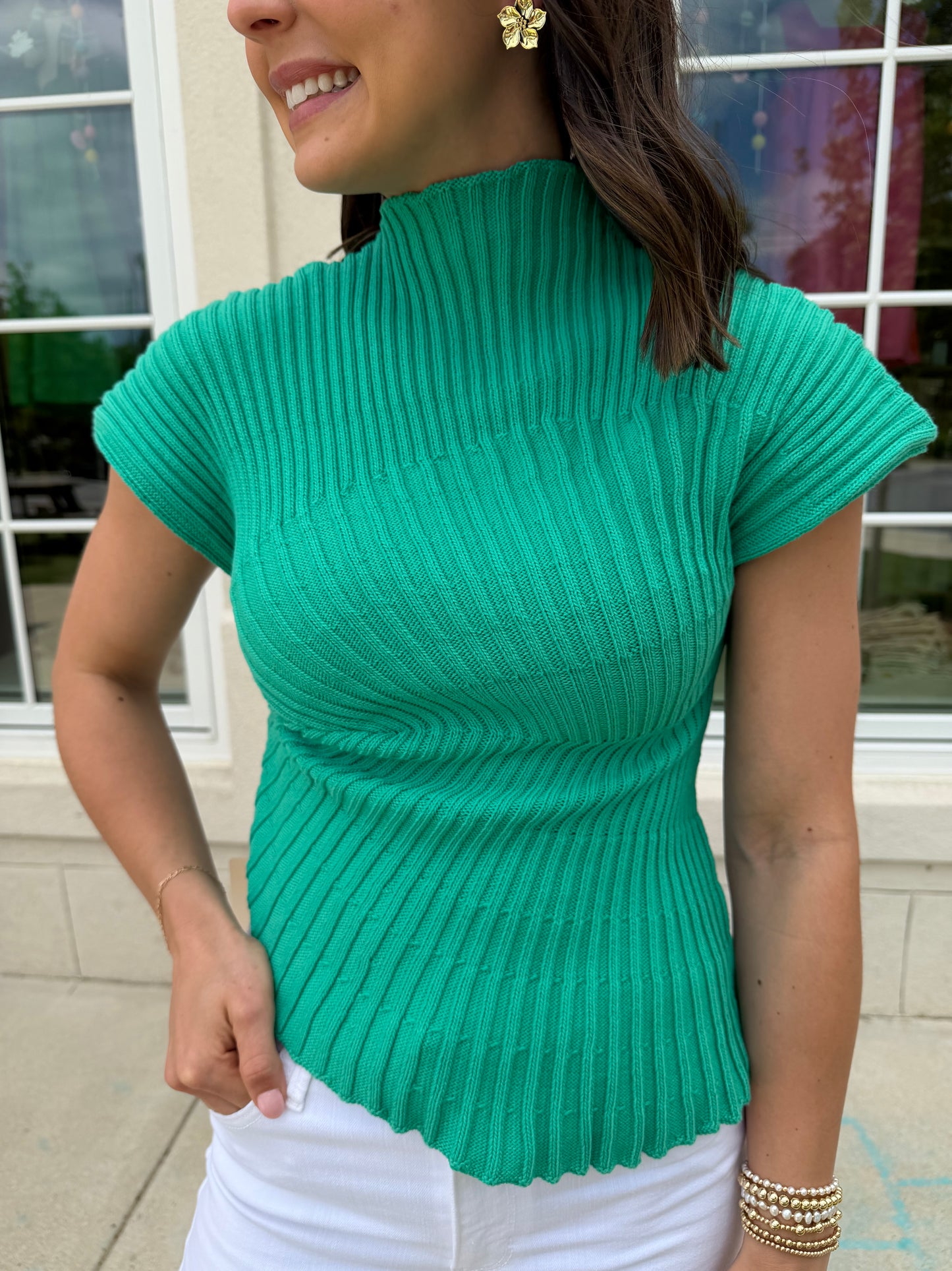 Green Asymmetric Hem Knit Top
