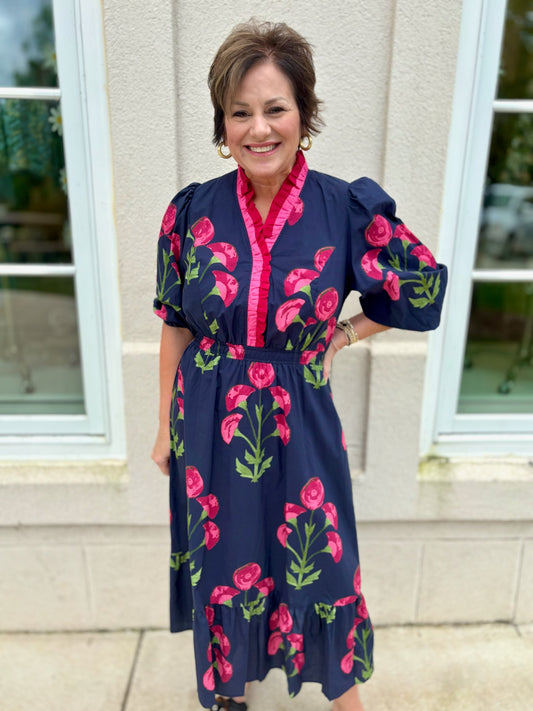 Navy Mix Floral Midi