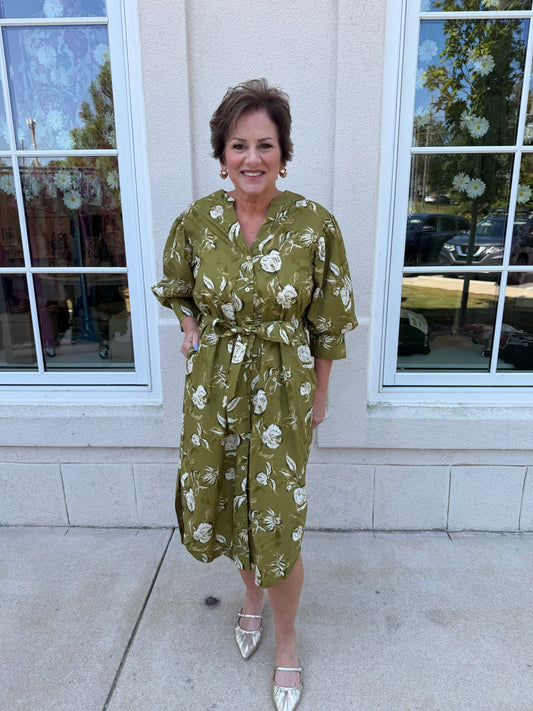 Golden Olive Floral Midi Dress