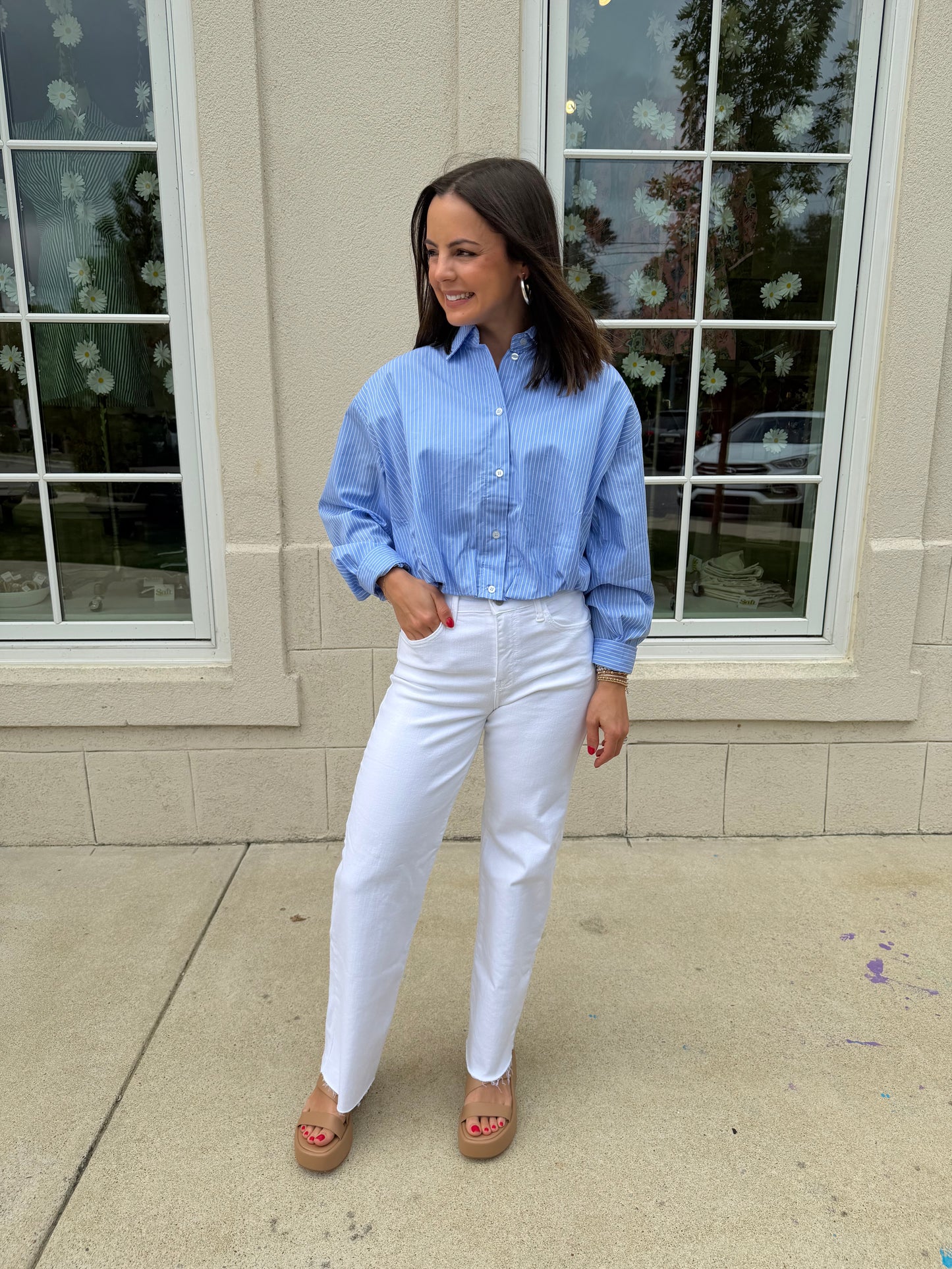 Blue and White Striped Balloon Hem Shirt