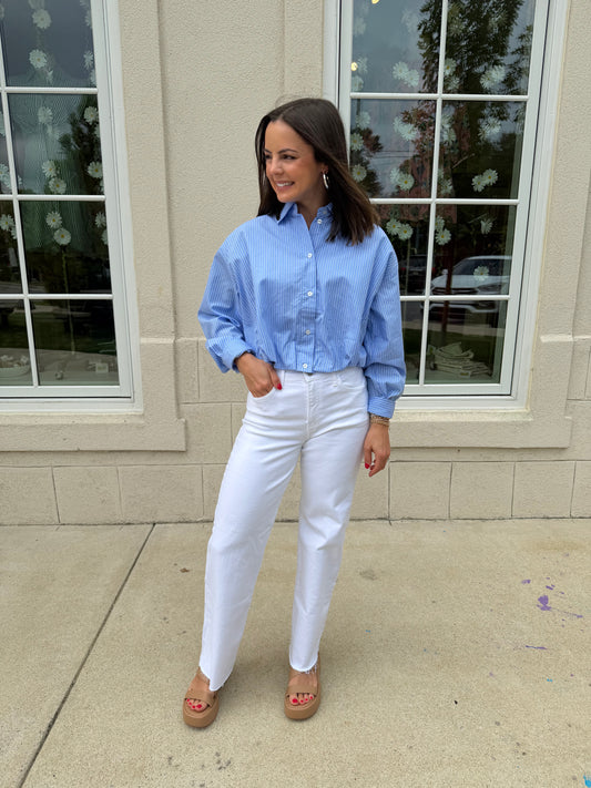 Blue and White Striped Balloon Hem Shirt