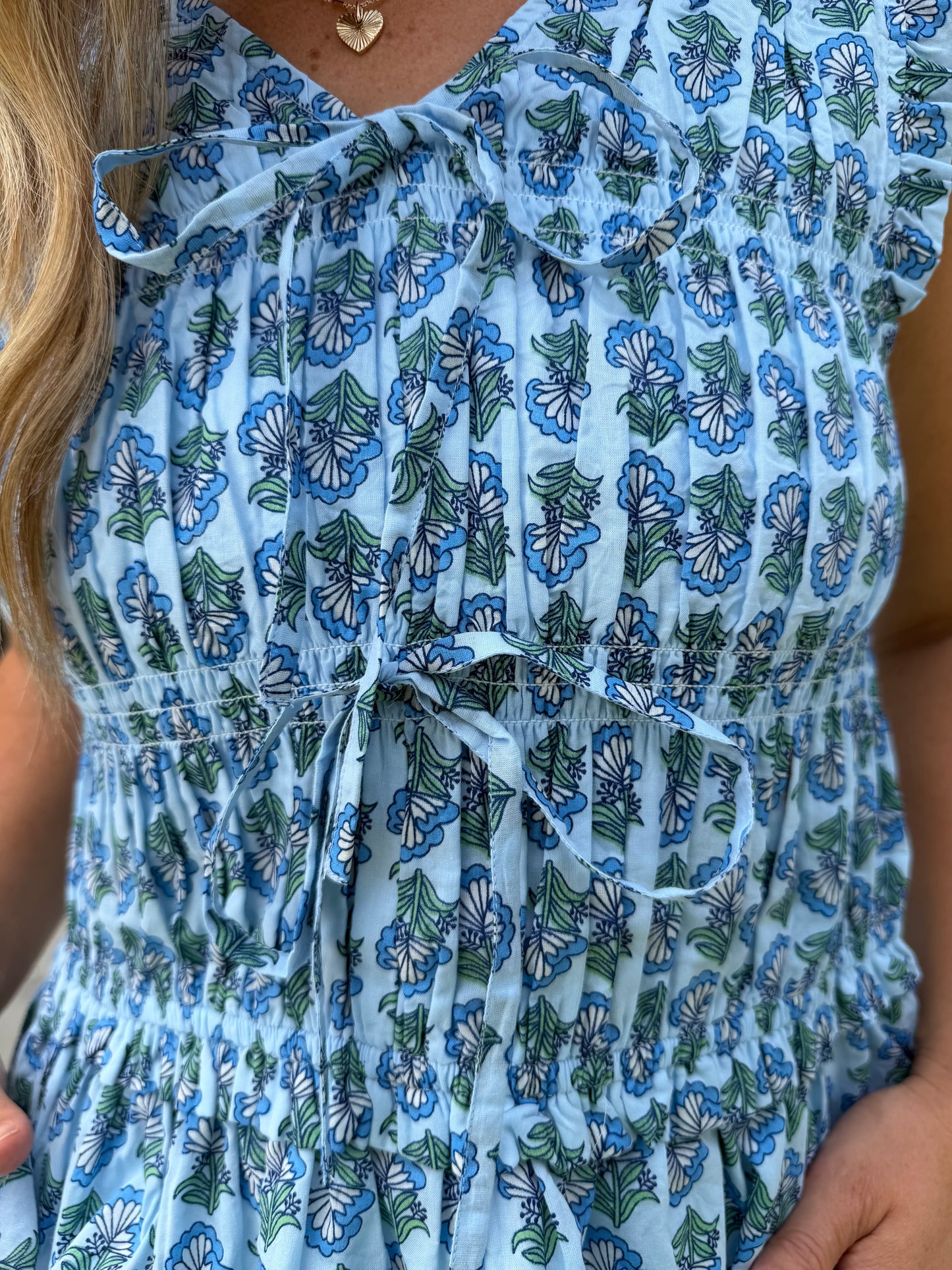 Blue Floral Print Smocked Top