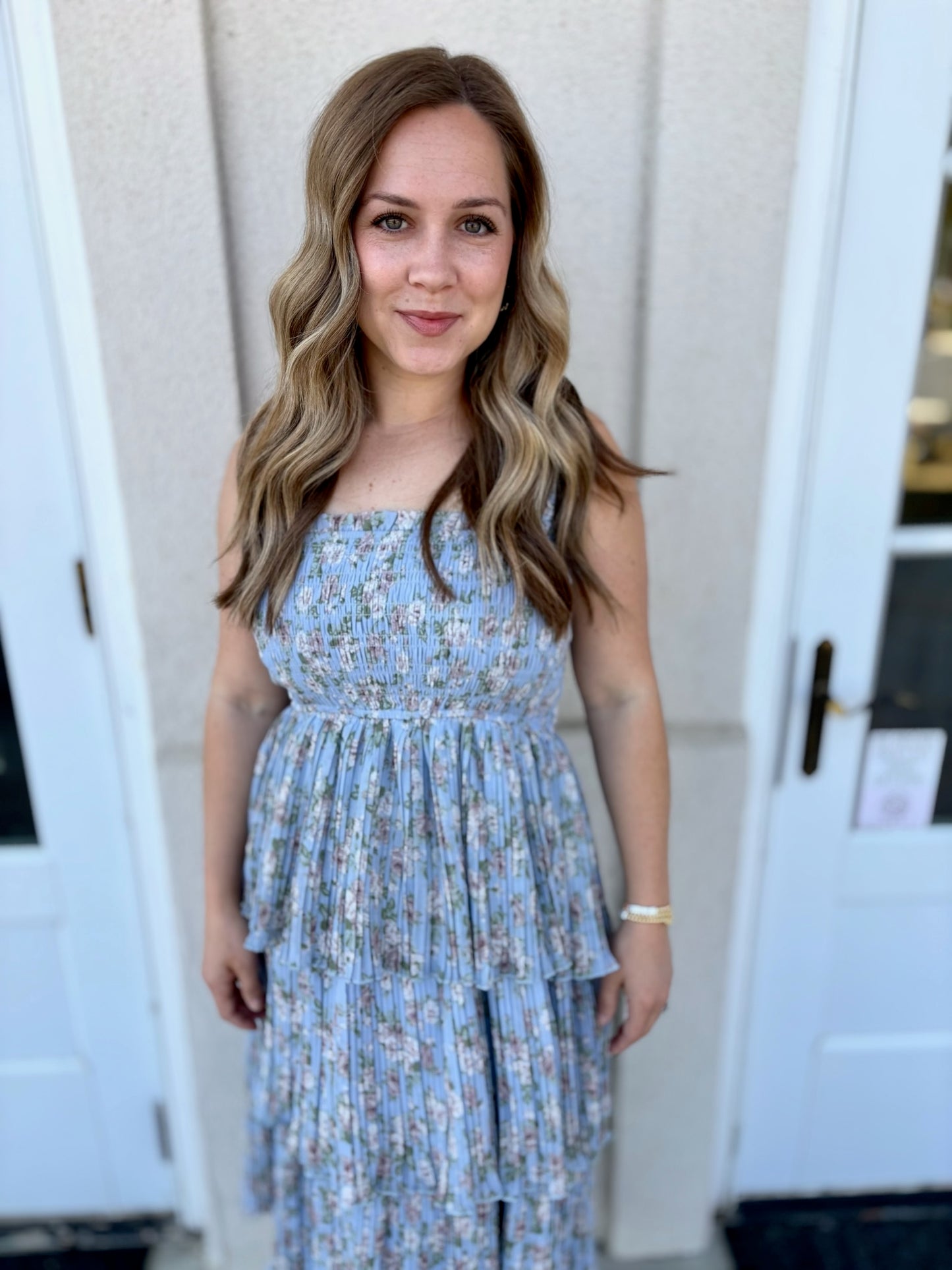 Blue and Cream Floral Tiered Dress