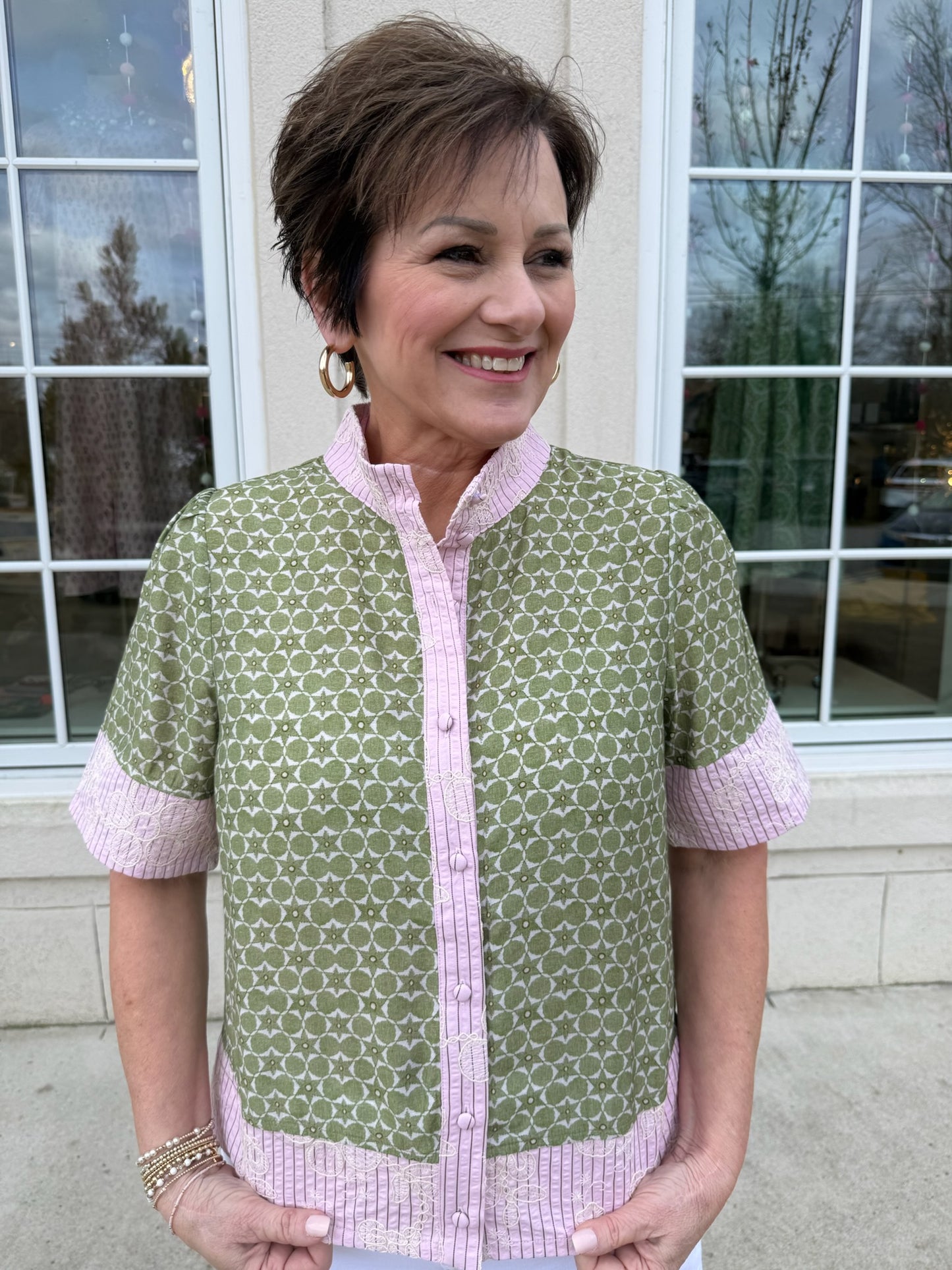 Olive and Pink Mixed Floral Embroidered Top