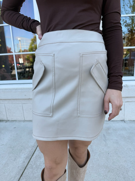 Ecru Faux Leather Mini Skirt