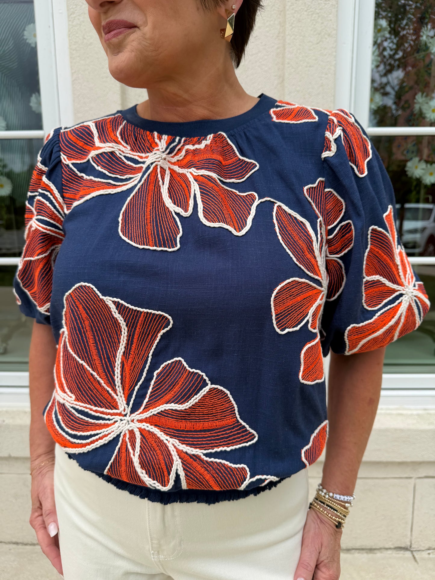 Navy with Orange contrast Embroidery Top
