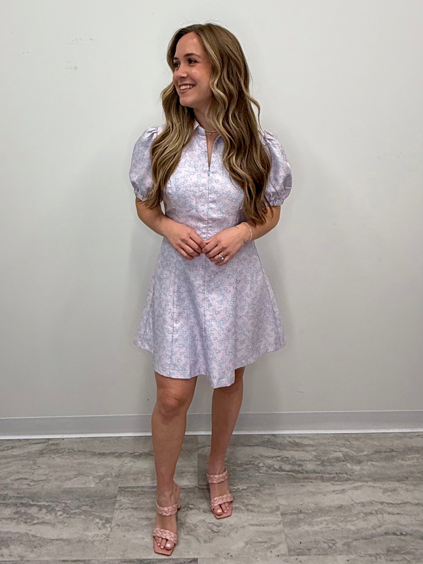 Pink and Blue Jacquard Mini Flare Dress