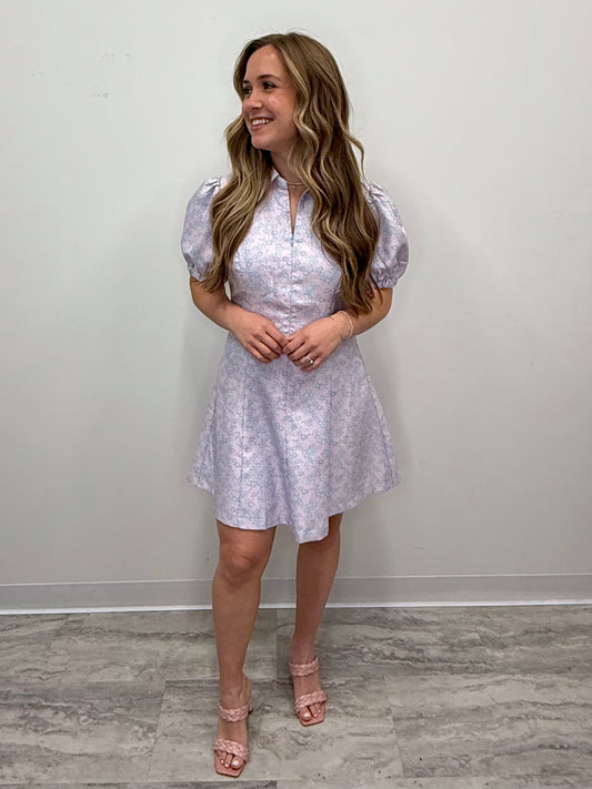 Pink and Blue Jacquard Mini Flare Dress